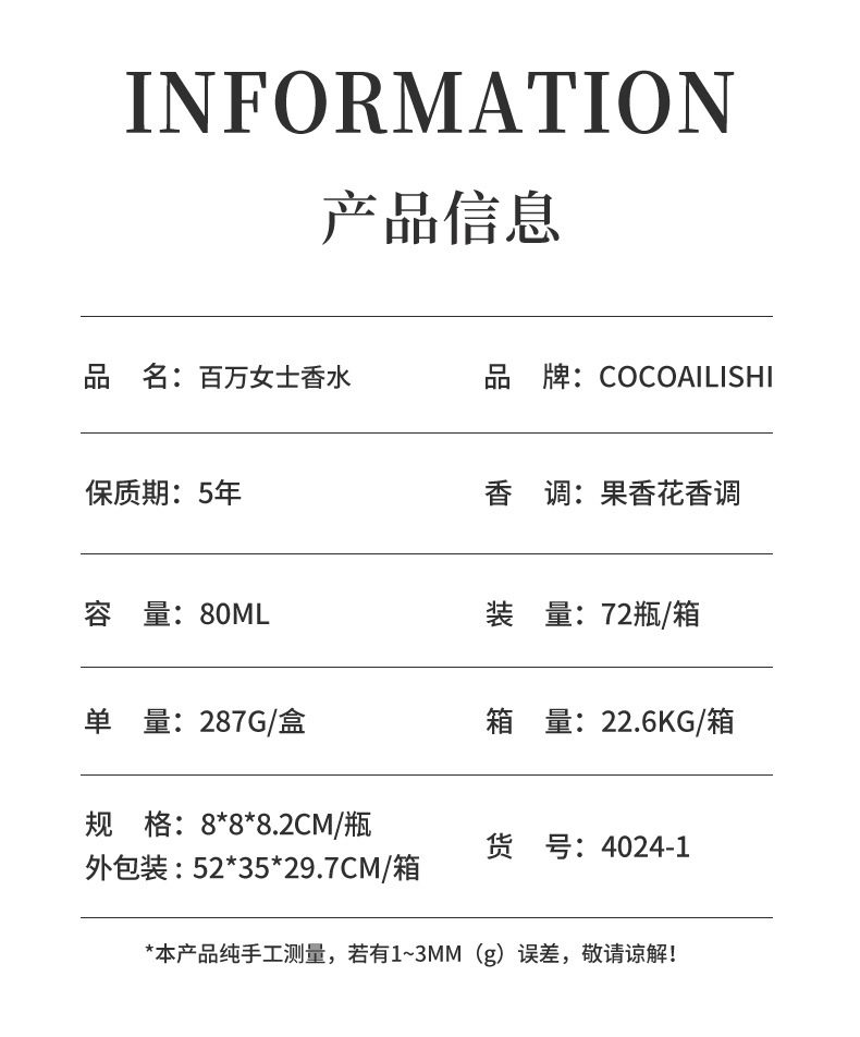 跨境黄金百万钻石女士香水80ml金钻淡香水持久花果香调女士香水详情3