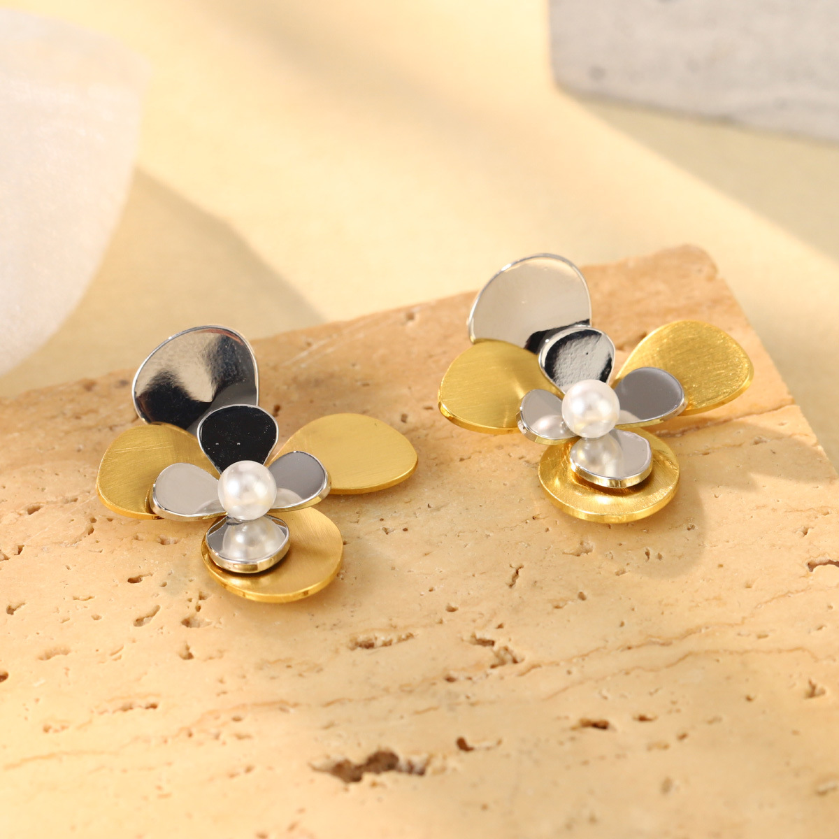 French geometric metal minimalist earrings with an irregular texture, white lava ring and enamel adjustable joints pic 38