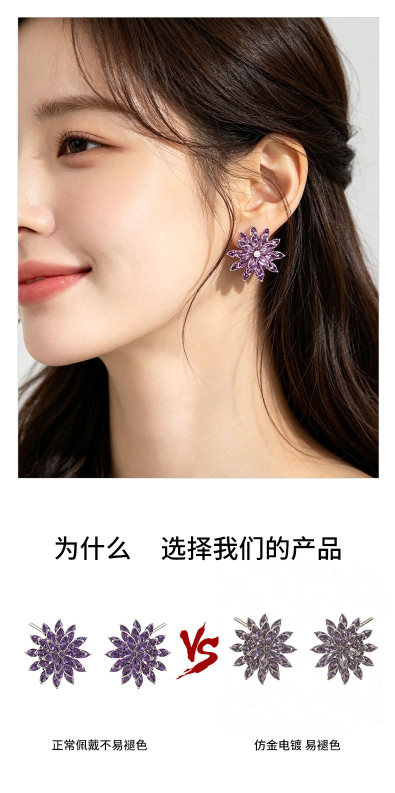 Light luxury style rotatable purple three-layer flower stud earrings, copper alloy micro-inlaid zircon s925 silver needle high-end earrings pic 16