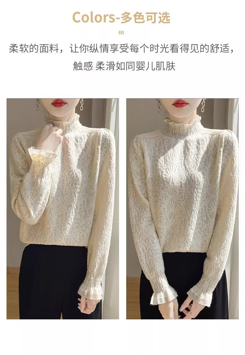 The 2025 autumn/winter new style lace and black ear-trimmed semi-high neck base layer for women is super stylish. Pair it with an A9325 sweater pic 4