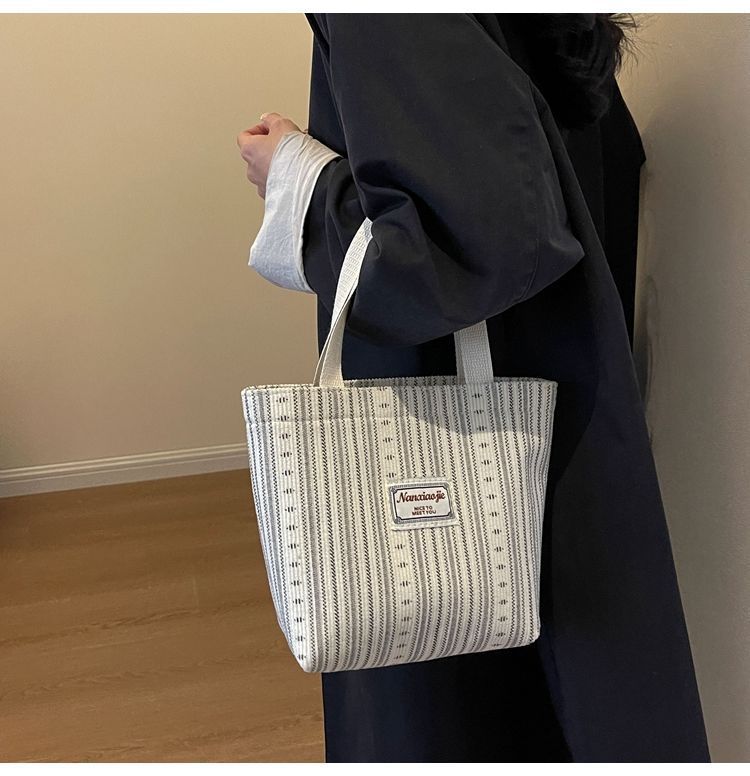 ins canvas bag for women, 2024 new Korean style casual striped handbag, large-capacity single-shoulder bag for commuting to school pic 7