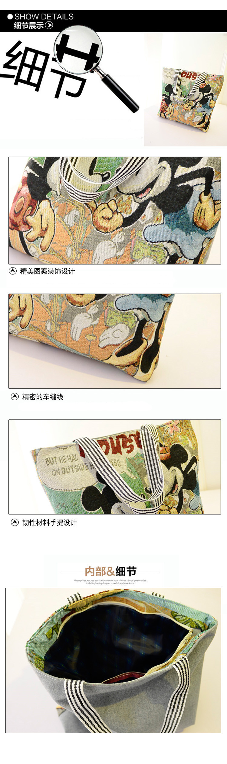 Factory direct sales Mickey single-shoulder bags, casual work tote bags, tote bags, handbag bags, canvas bags, cartoon embroidered bags pic 8