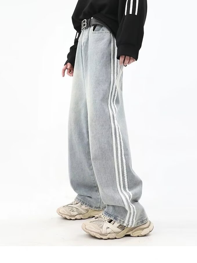 FUIV 美式条纹拼接牛仔裤男潮复古直筒宽松高街高街潮流痞帅长裤详情8