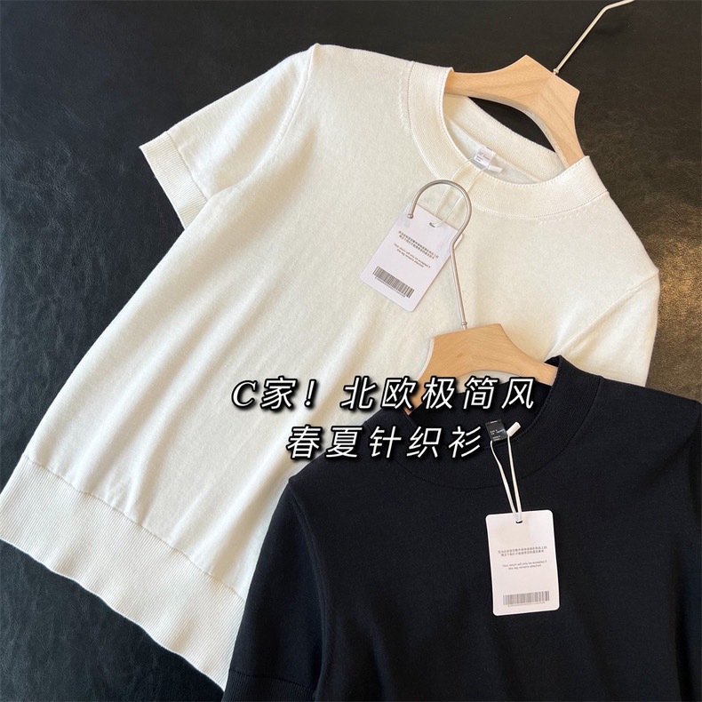 北欧高端小众女装 欧货欧洲站上衣百搭显瘦圆领针织短袖T恤女春夏详情2