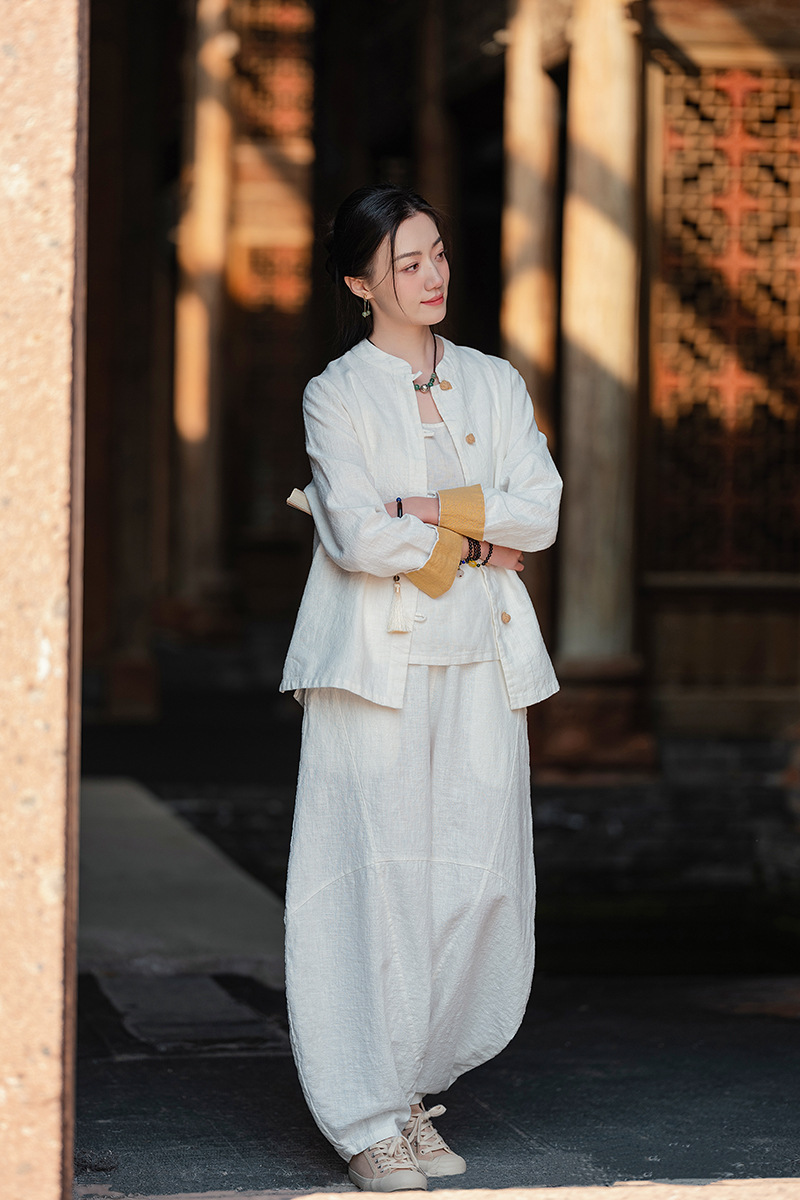 国潮中式棉麻女装拼色盘扣衬衫复古亚麻上衣茶服女禅意中山装国风开衫详情14