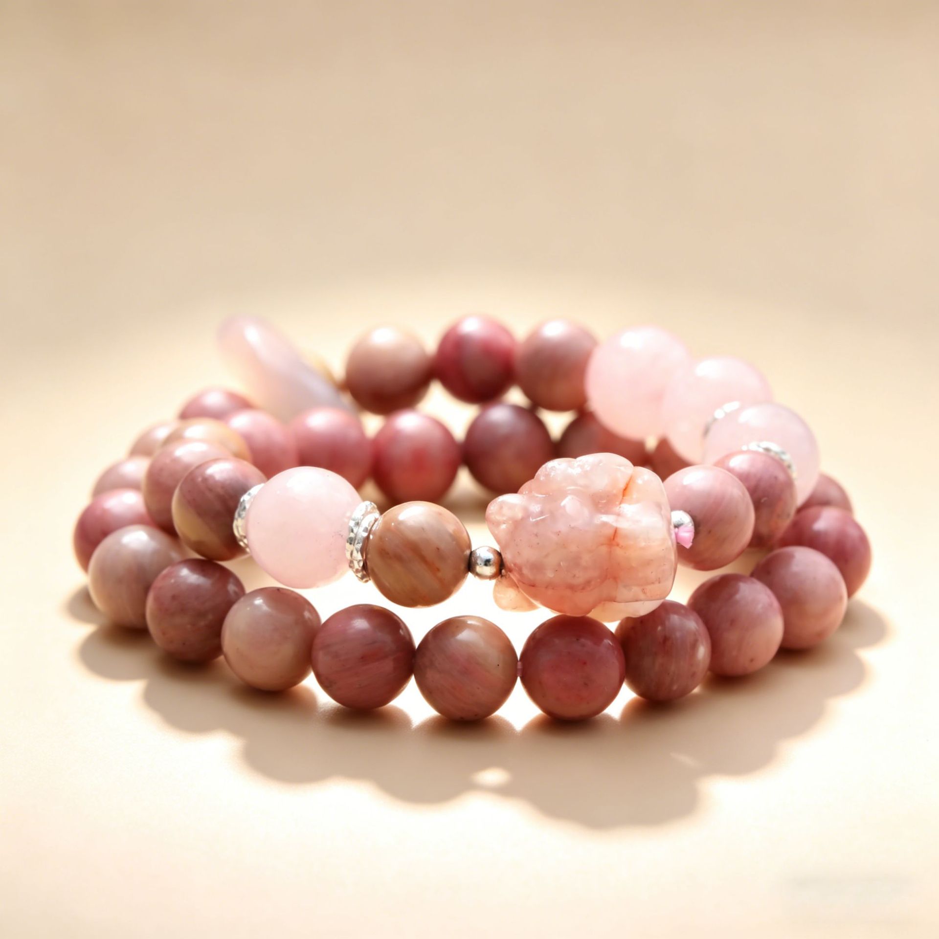 diy original design of natural rhodochrosite rose crystal double-loop bracelet, exquisite cultural and artistic style bestseller pic 4
