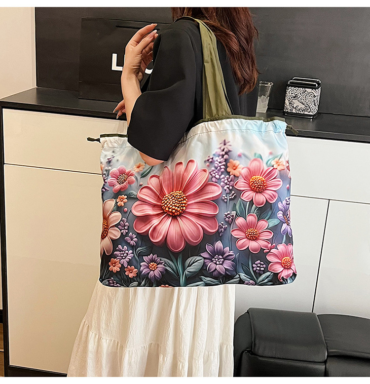 大容量花朵印花单肩包防水购物袋尼龙外出托特包时尚复古手提包详情8