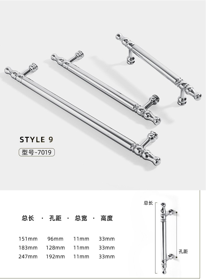 法式锌合金衣柜门拉手现代简约镀铬亮光银色抽屉单孔橱柜实心把手详情22