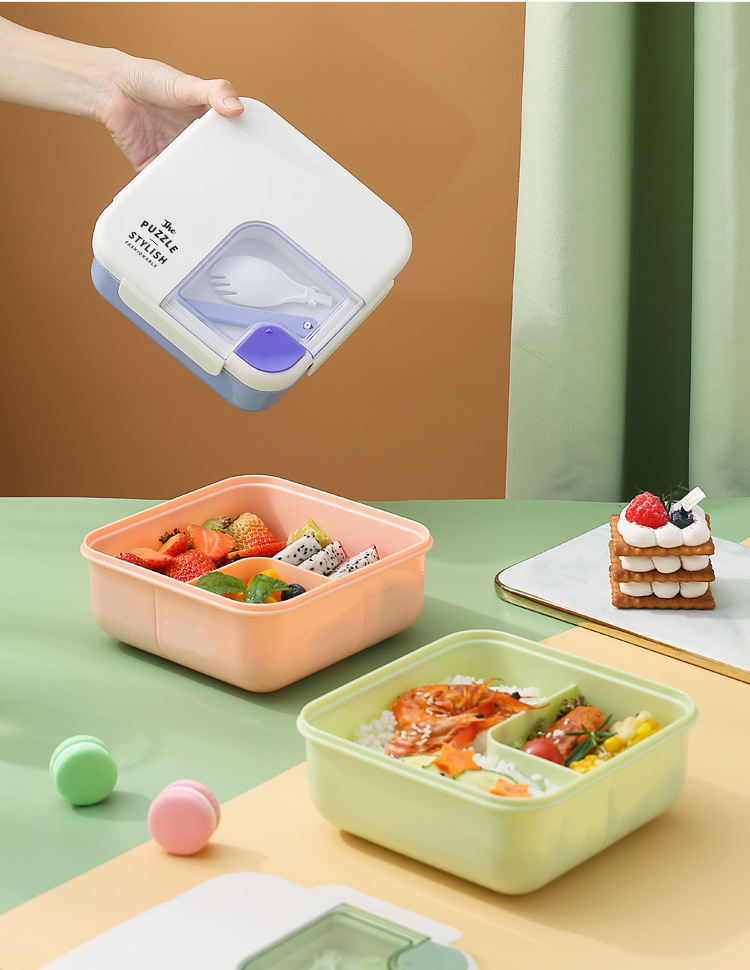 Student and office worker lunch box, plastic compartments, square, portable lunch box with tableware, microwave bento box pic 12