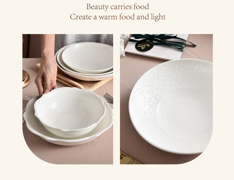 Nordic tableware, solid-color creative lace ceramic bowl, LOGO embossed Western steak plate, round deep plate, for home use pic 7