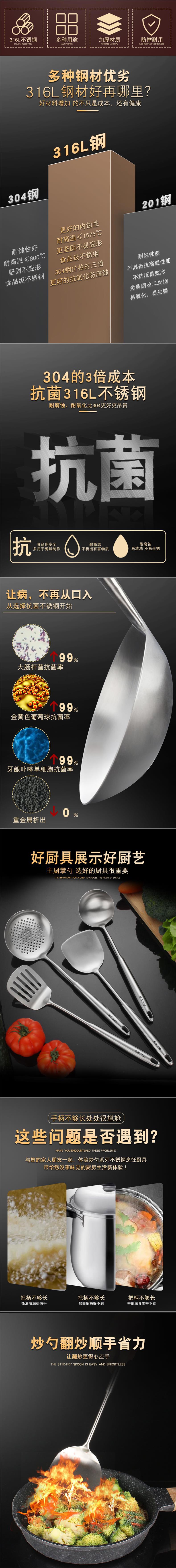 德国316不锈钢炒菜铁铲子锅铲厨房防烫煎铲汤勺漏勺家用厨具套装详情1