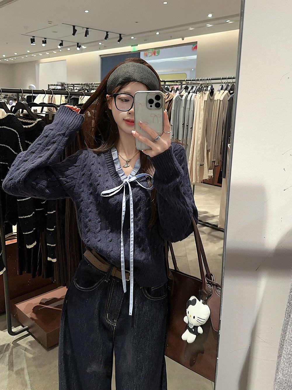 韩系学院风设计感假两件长袖毛衣针织衫女冬季蓝色温柔风修身上衣详情9