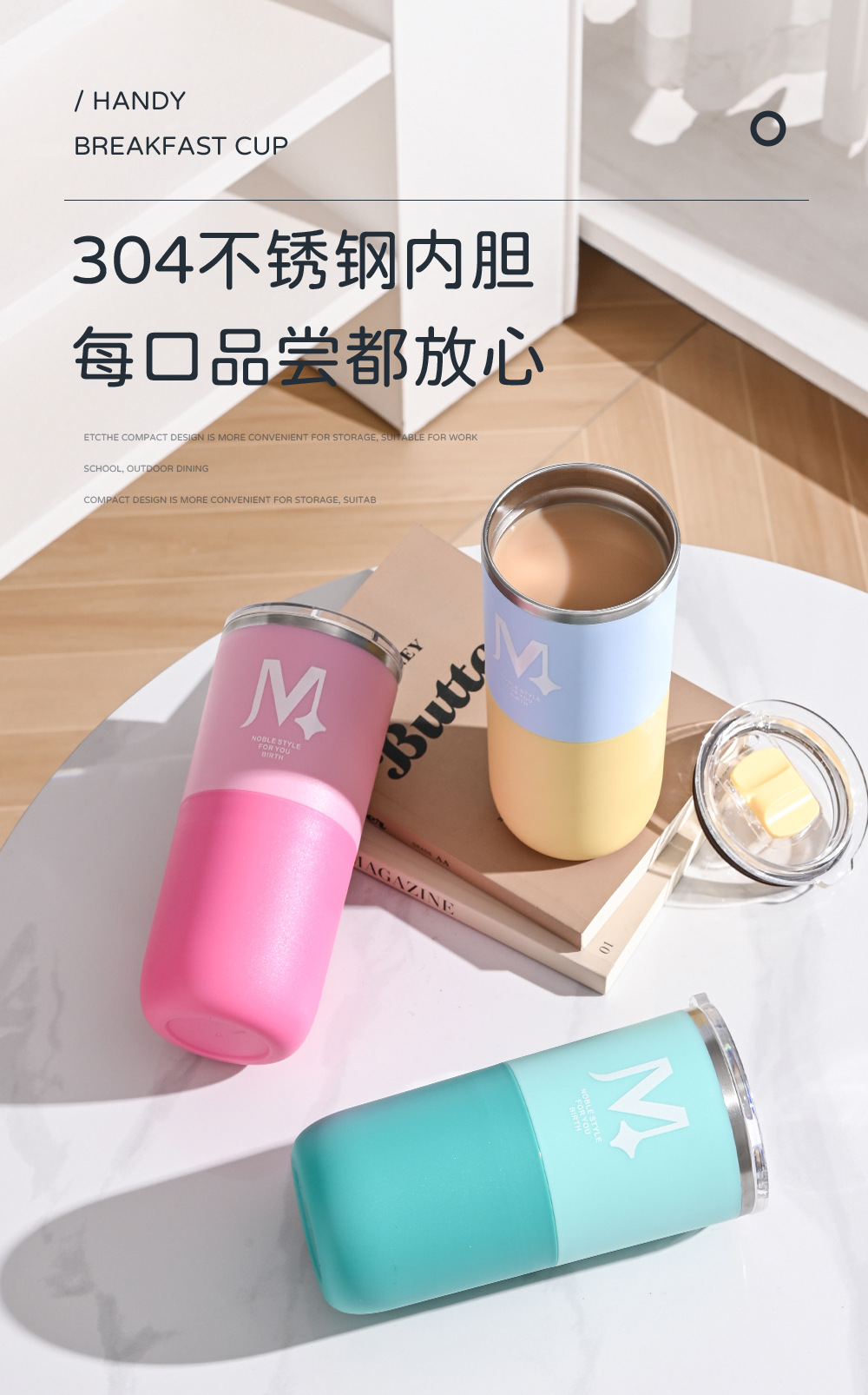 Stainless steel coffee cup with lid, double-layer mug, water cup, ice cup, office and home drinking water, large capacity 600ml pic 9