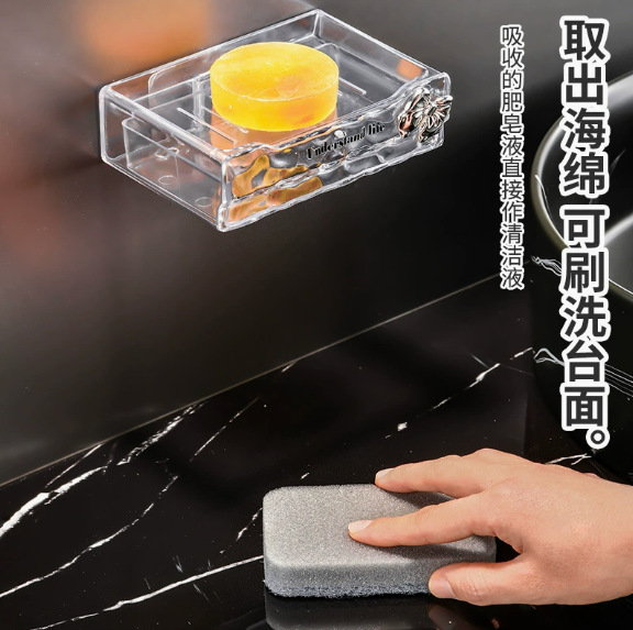 Glacier patterned wall-mounted soap box with drawer, no need for drilling, double-layer wall-mounted laundry soap box, household soap box pic 3