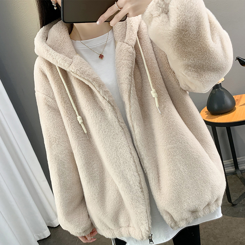 跨境冬仿懒兔毛皮草女中长款宽松加厚羊羔毛大衣连帽毛毛绒外套详情14