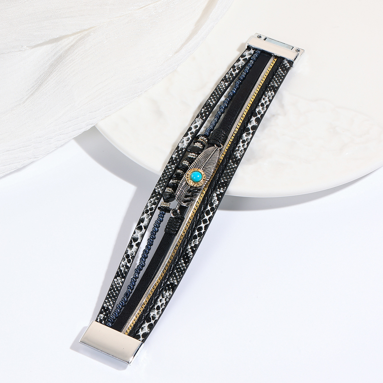 跨境翡翠波西米亚碎石羽毛手链复古绿松石磁铁扣手镯详情12