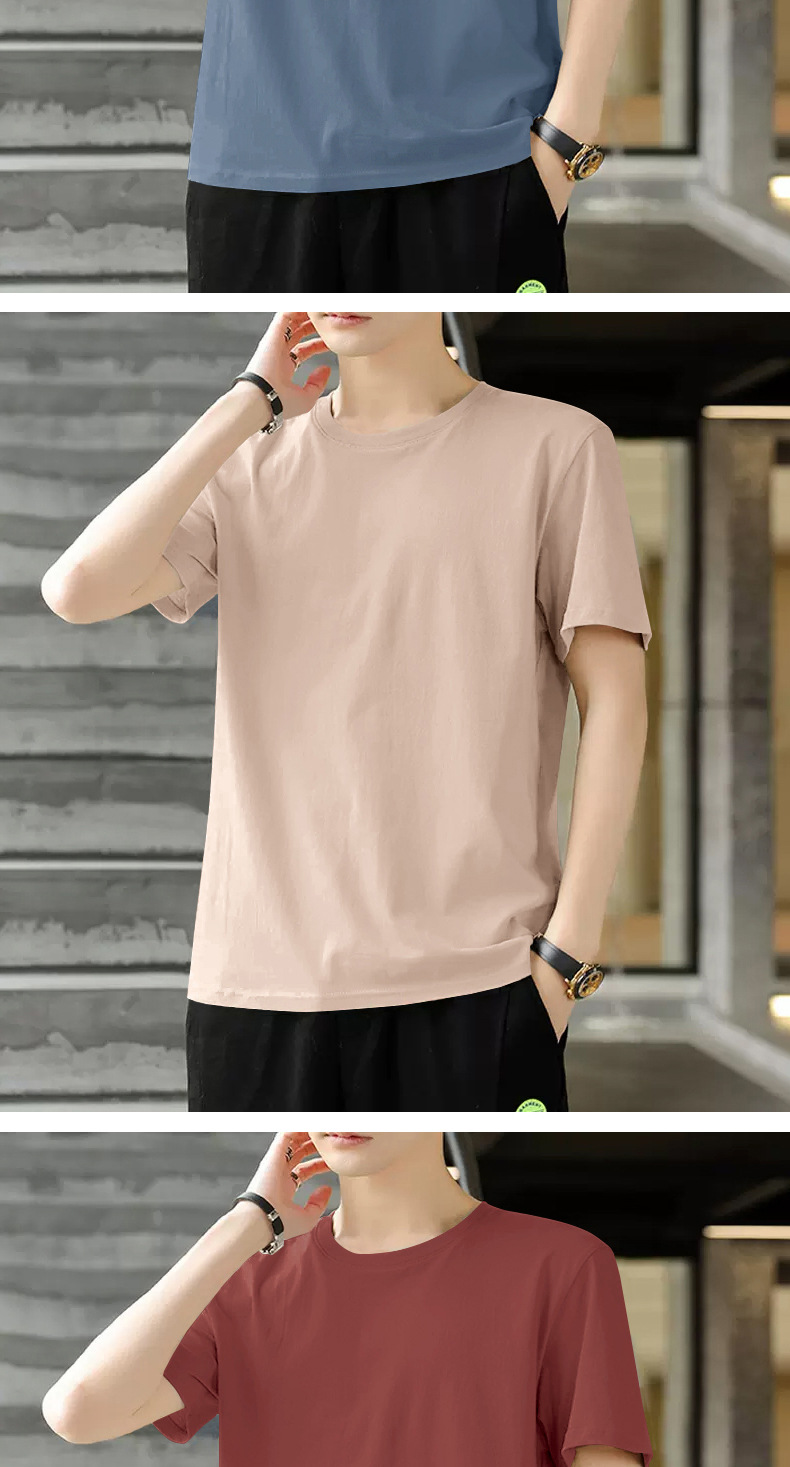 Algodón manga corta camiseta hombre verano slim slim cuello redondo versión en color sólido top tendencia media juventud casual legging pic 8