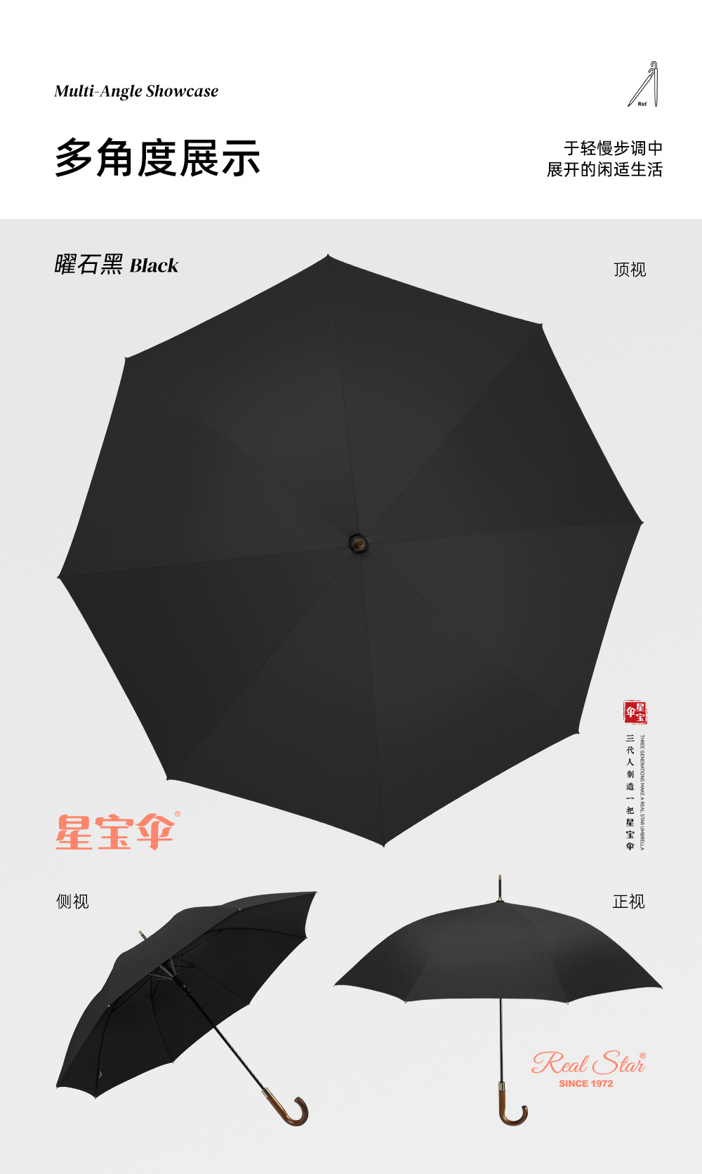 欧美素色长伞自动弯柄雨伞260T伞布8股纤维伞架晴雨两用可印logo详情10
