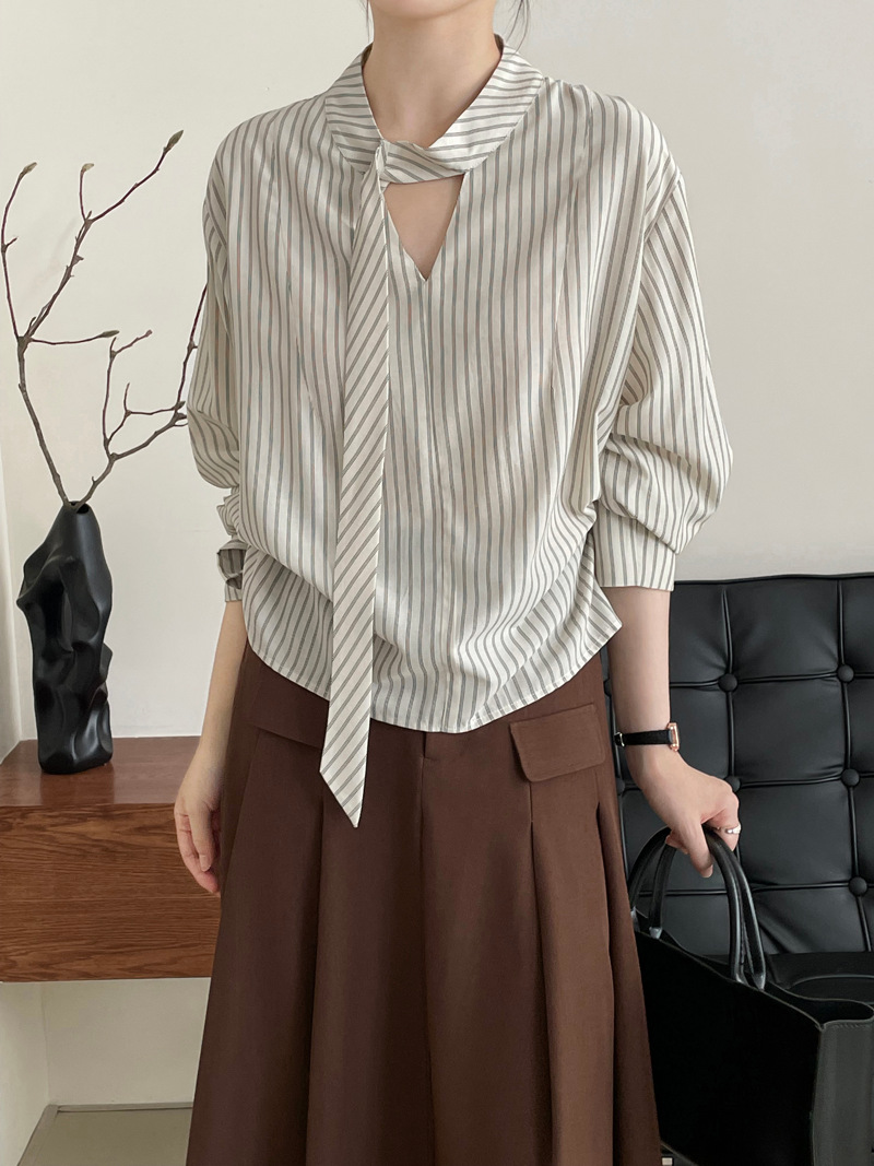 滔川  韩系高级感飘带领条纹衬衫女秋季独特别致时尚长袖上衣2588详情13