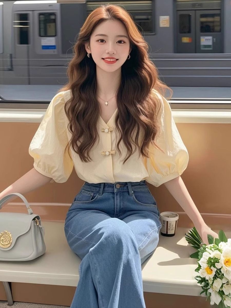 A new Chinese-style apricot-colored short-sleeved shirt for women in summer, exuding a light luxury and high-end charm, with a gentle and elegant French puffed sleeve button-up top pic 9