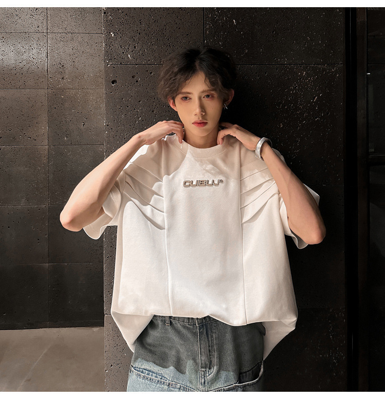 European and American high street original design sense T-shirt for men, multi-layered structure shoulder pad short-sleeved, summer American-style heavy half-sleeved pic 7