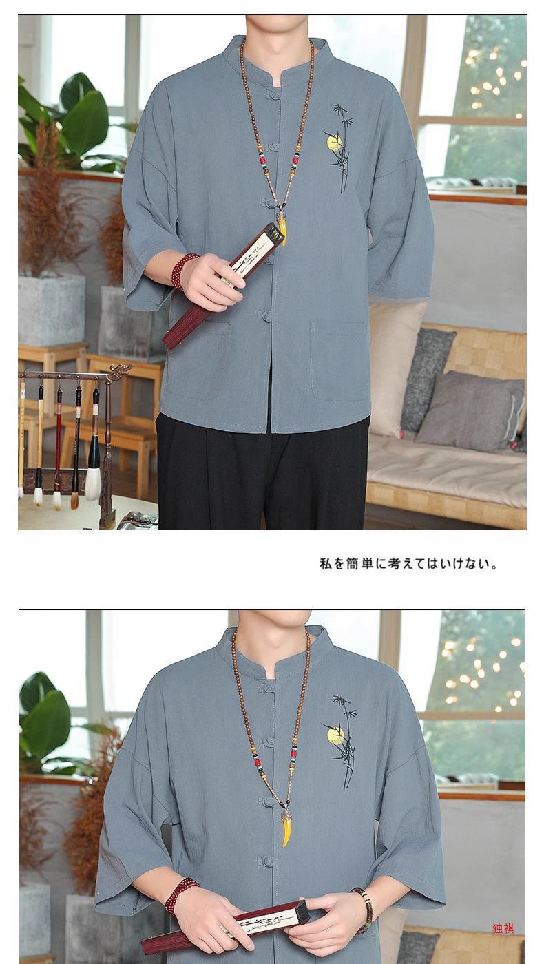 国潮中国风刺绣男士唐装短袖亚麻t恤夏季薄款七分袖道袍上衣潮流衬衣详情22