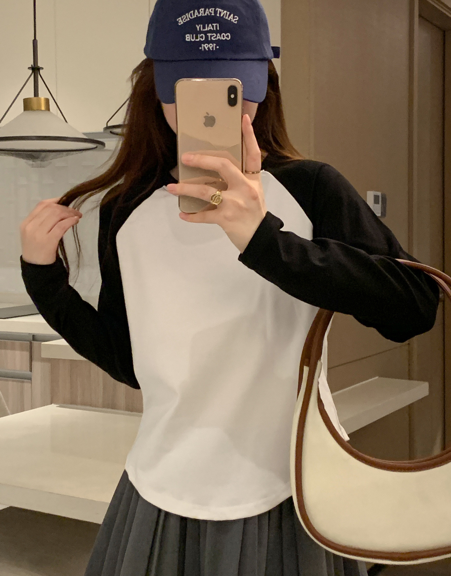 撞色拼接修身长袖t恤女春季韩版内搭打底衫插肩袖短款高腰上衣ins详情8