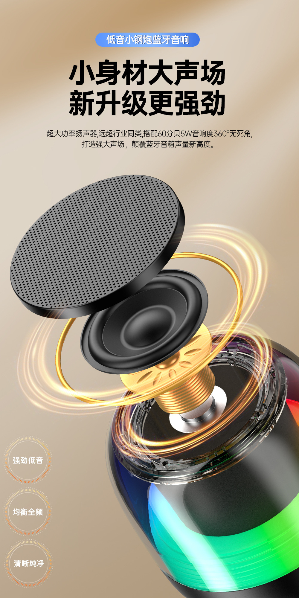 新款蓝牙音箱无线大音量小钢炮 户外便携式迷你RGB发光小音响现货详情6