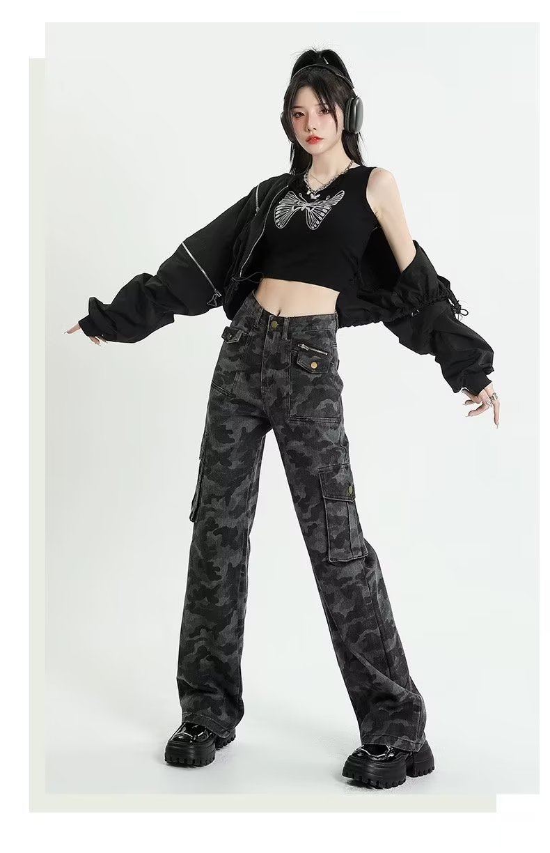 迷彩工装裤女美式高个子牛仔裤子辣妹阔腿裤迷彩服显瘦复古迷彩裤详情12