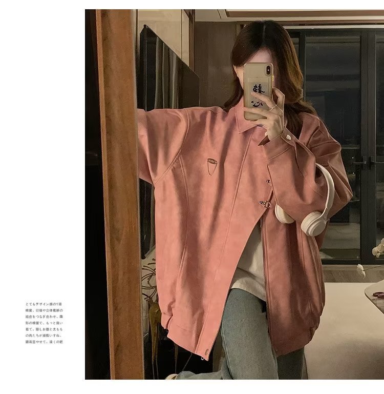 美式复古翻领外套女chic春秋潮流休闲宽松设计感PU皮学生夹克上衣详情16