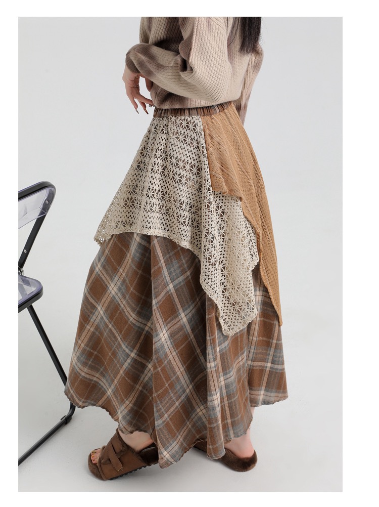 Forest-themed retro checkered skirt for women 2025 new autumn and winter design, irregularly pieced high-waisted A-line long dress pic 43