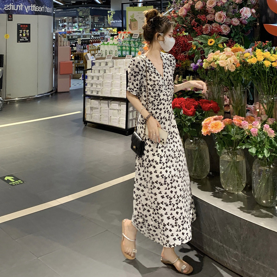 French-style first love sweet fairy thin high-end design long dress, waist-cinching and slimming black floral dress Zixia pic 16