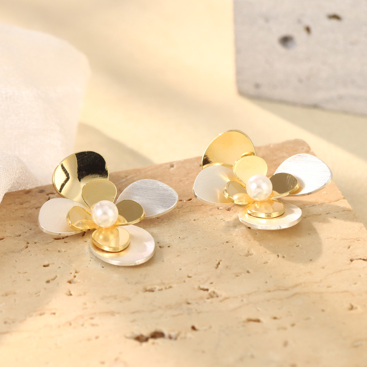 French geometric metal minimalist earrings with an irregular texture, white lava ring and enamel adjustable joints pic 36