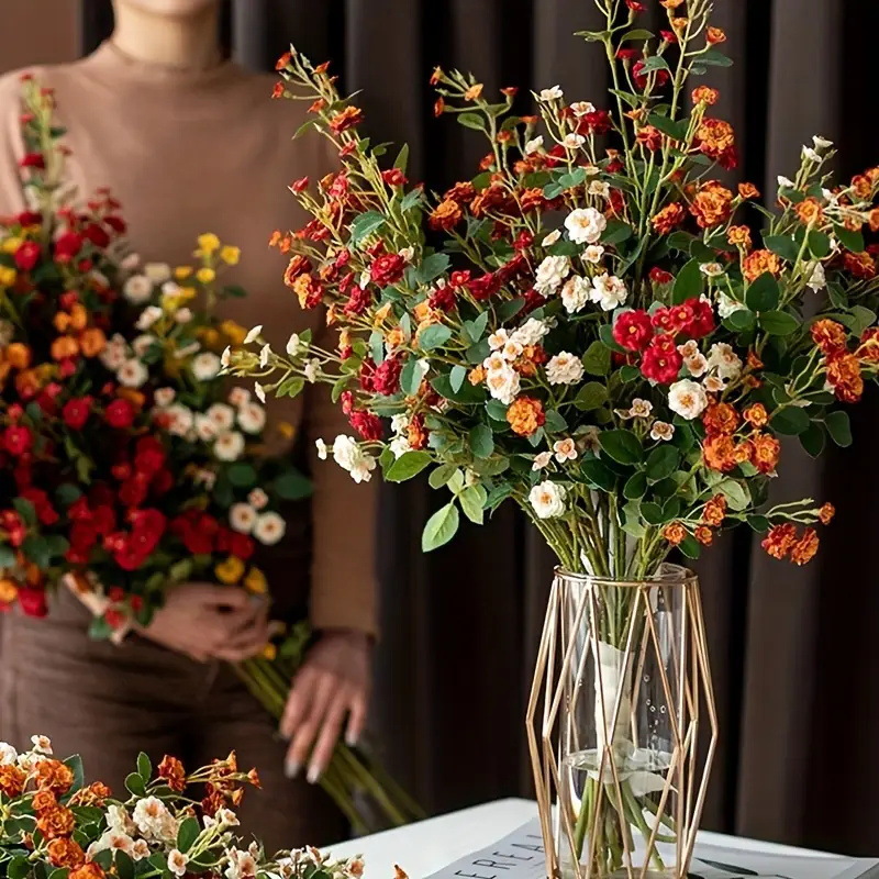 仿真花欧式多头小蔷薇假花跨境家居客厅摆设干花插花花束山茶花详情2