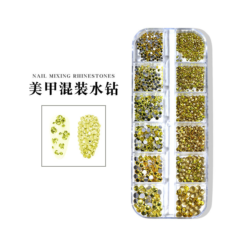 跨境美甲玻璃水钻超闪彩色白色平底钻AB尖底大小混装钻饰12格盒装详情8
