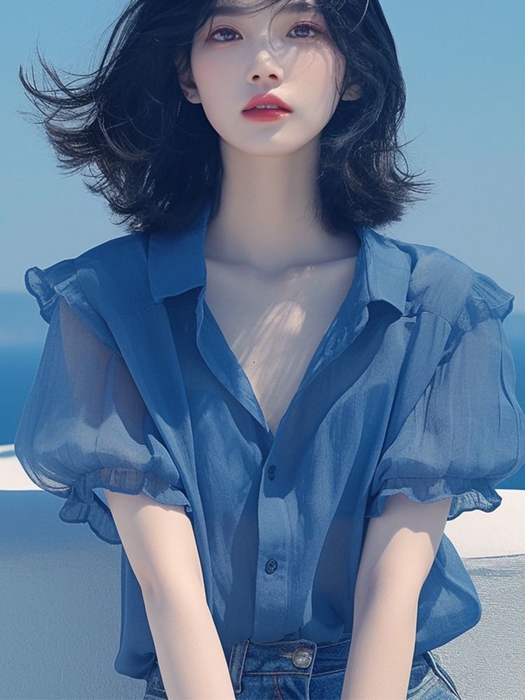 French-style blue puffed-sleeve chiffon blouse for women, a new summer style that hides and slimming the body, a youthful thin shirt pic 7