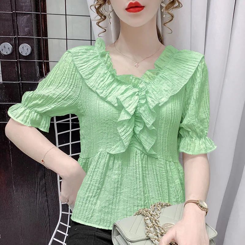 Summer new French V-neck bubble short-sleeved shirt for women, slimming, fashionable and elegant casual top for women chiffon pic 12