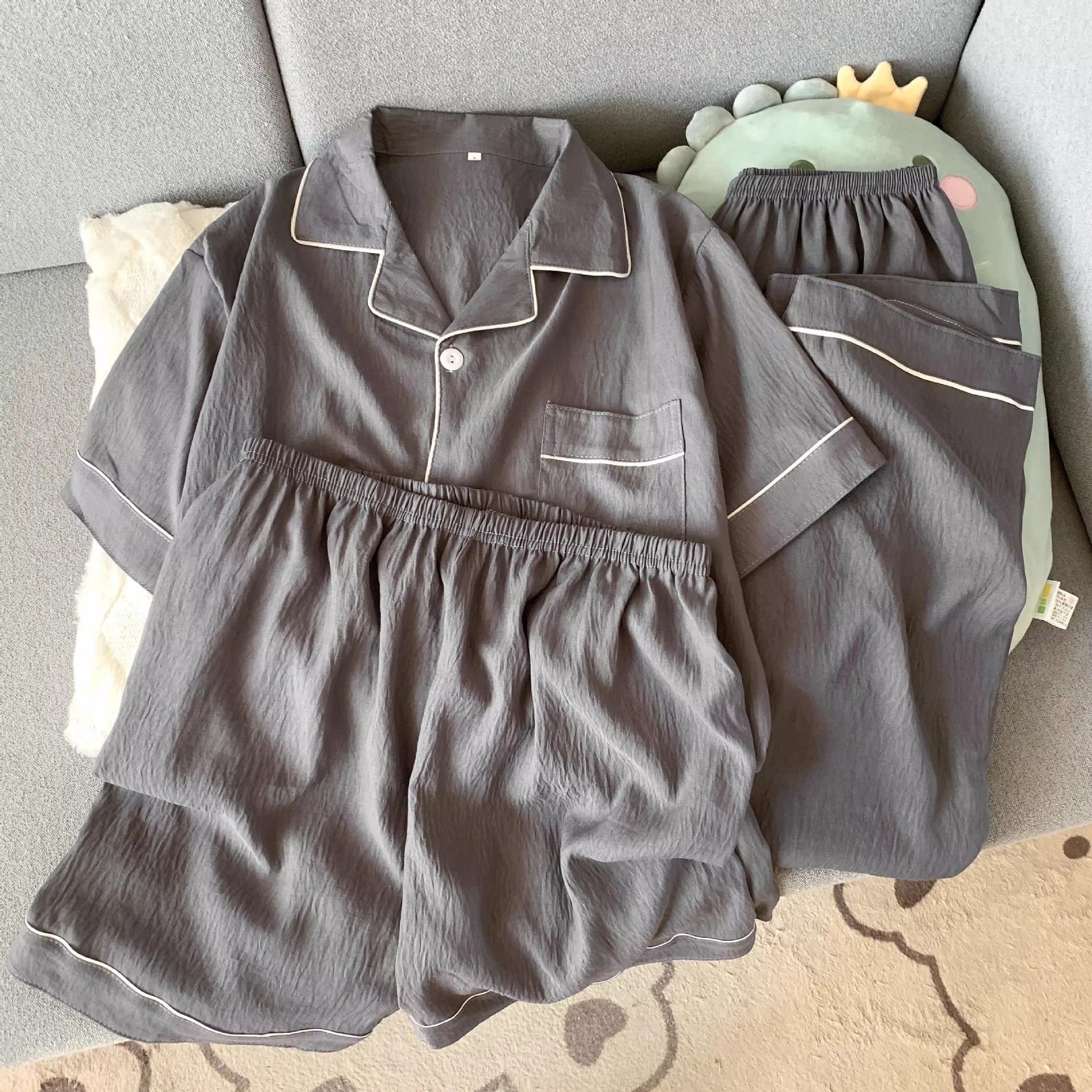 云朵纯棉纱男士睡衣夏季短袖简约纯色高级感可外穿家居服三件套装详情5