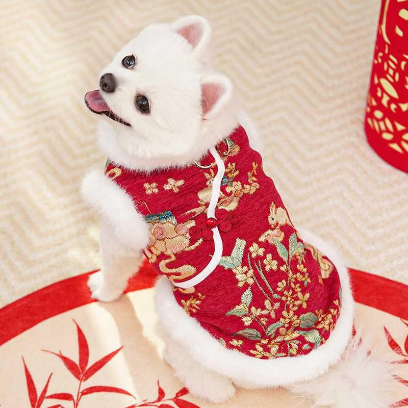 New Year Autumn and Winter double-layer thickened fleece Chinese-style jade rabbit pet dog and cat clothing, clothing and accessories, Tang suits, bichon Frises, Teddy bears pic 12