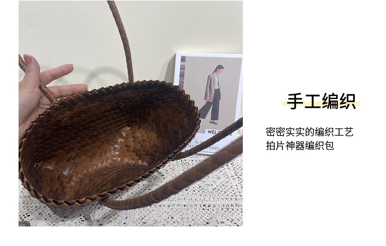 仿藤片草编包百搭菜篮子包长肩带手编织包藤编手提包单肩背包女包详情10