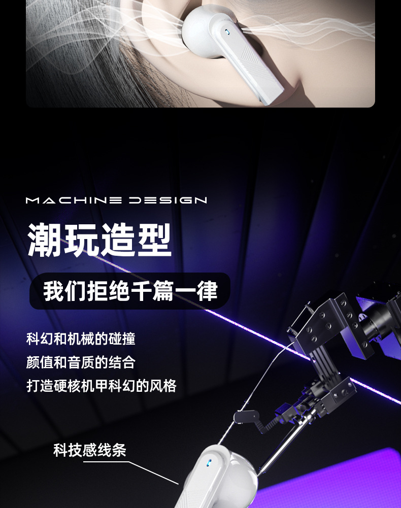 GM80 wireless Bluetooth headphones feature intelligent noise cancellation, comfort, water resistance, in-ear gaming, music, mecha, cool appearance and private mold pic 4