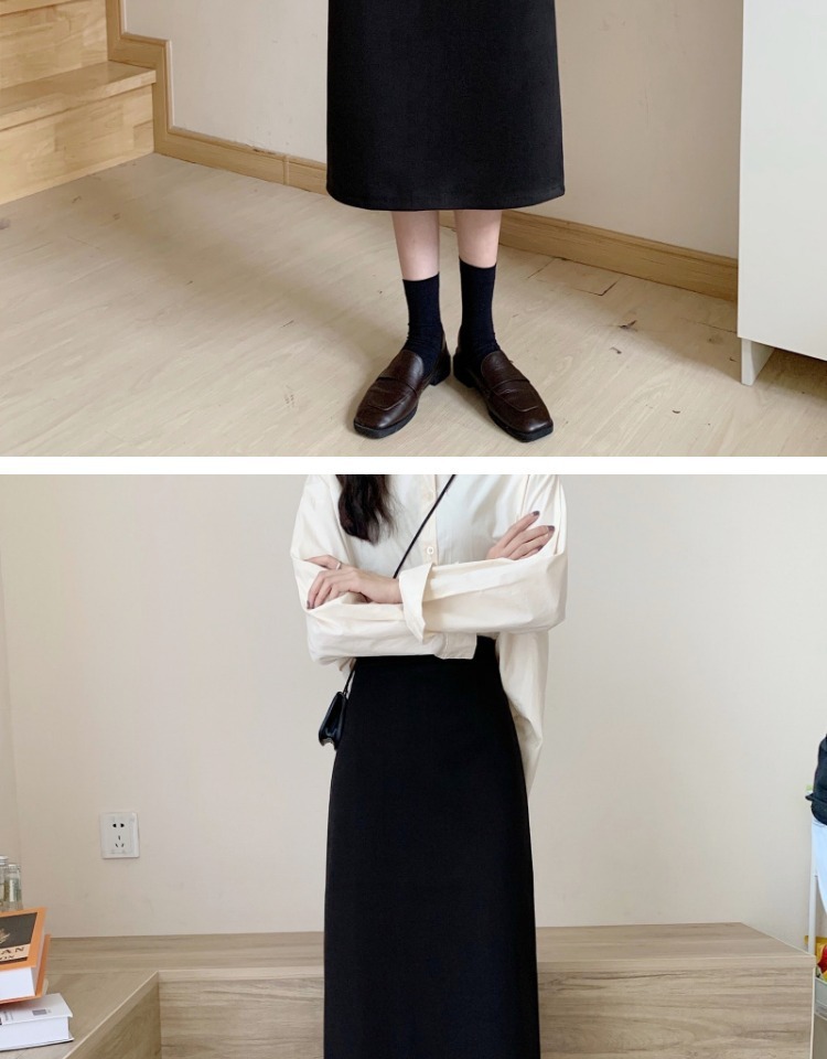 黑色毛呢半身裙女秋冬高腰设计感后开叉A字西装料中长包臀一步裙详情12