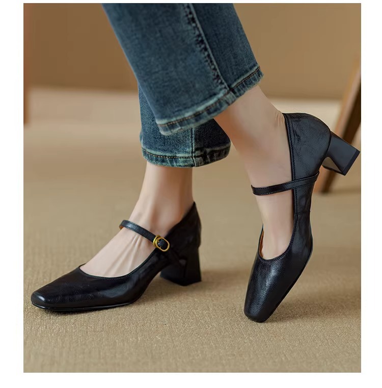 软羊皮黑色高跟鞋2025春秋新款法式复古粗跟一字带玛丽珍鞋女单鞋详情17