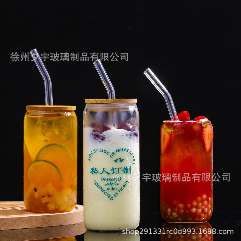 跨境亚马逊新款网红可乐杯16oz梅森杯竹盖玻璃杯饮料果汁杯带吸管详情9