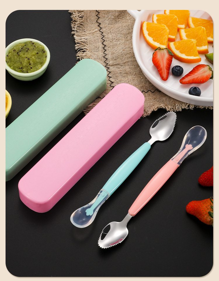 便携儿童餐具水果勺双头两用卡通宝宝硅胶刮泥勺婴儿辅食挖泥勺详情22