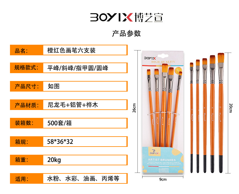 博艺宣五支装木质橙光数字油画笔学生尼龙绘画套装水粉丙烯油画笔详情1