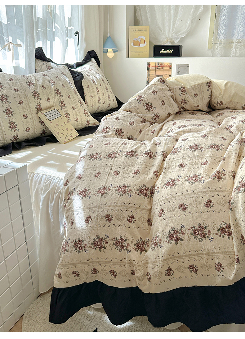 French romantic princess-style lace washed cotton four-piece set, small floral skin-friendly quilt cover, dormitory three-piece set, bed skirt style pic 42