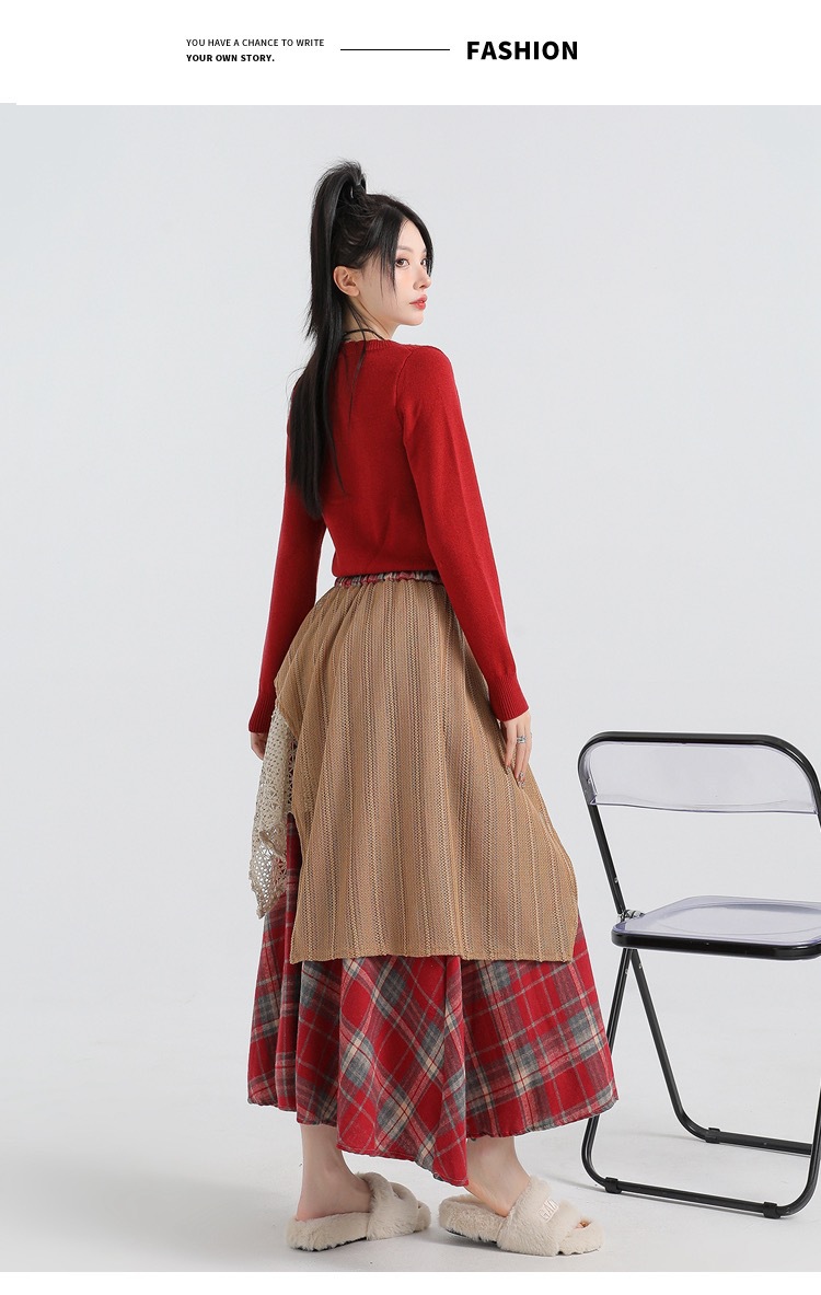 Forest-themed retro checkered skirt for women 2025 new autumn and winter design, irregularly pieced high-waisted A-line long dress pic 30