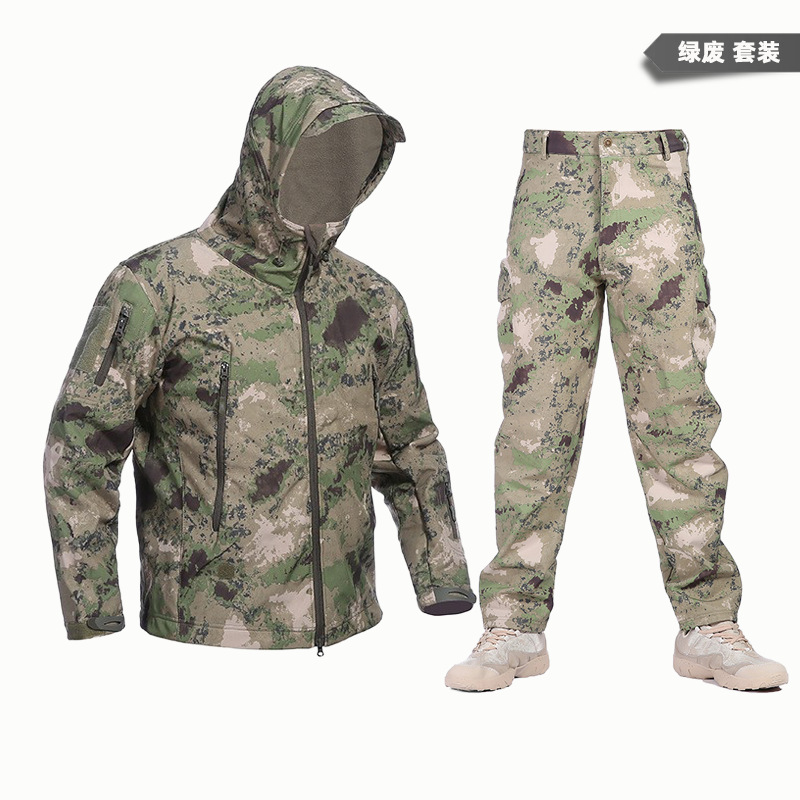 Yitu Tactical Sports Shark Skin Waterproof Soft Shell Down Jacket and Pants Alpha Green Warm Fleece Camouflage Down Jacket Set pic 22