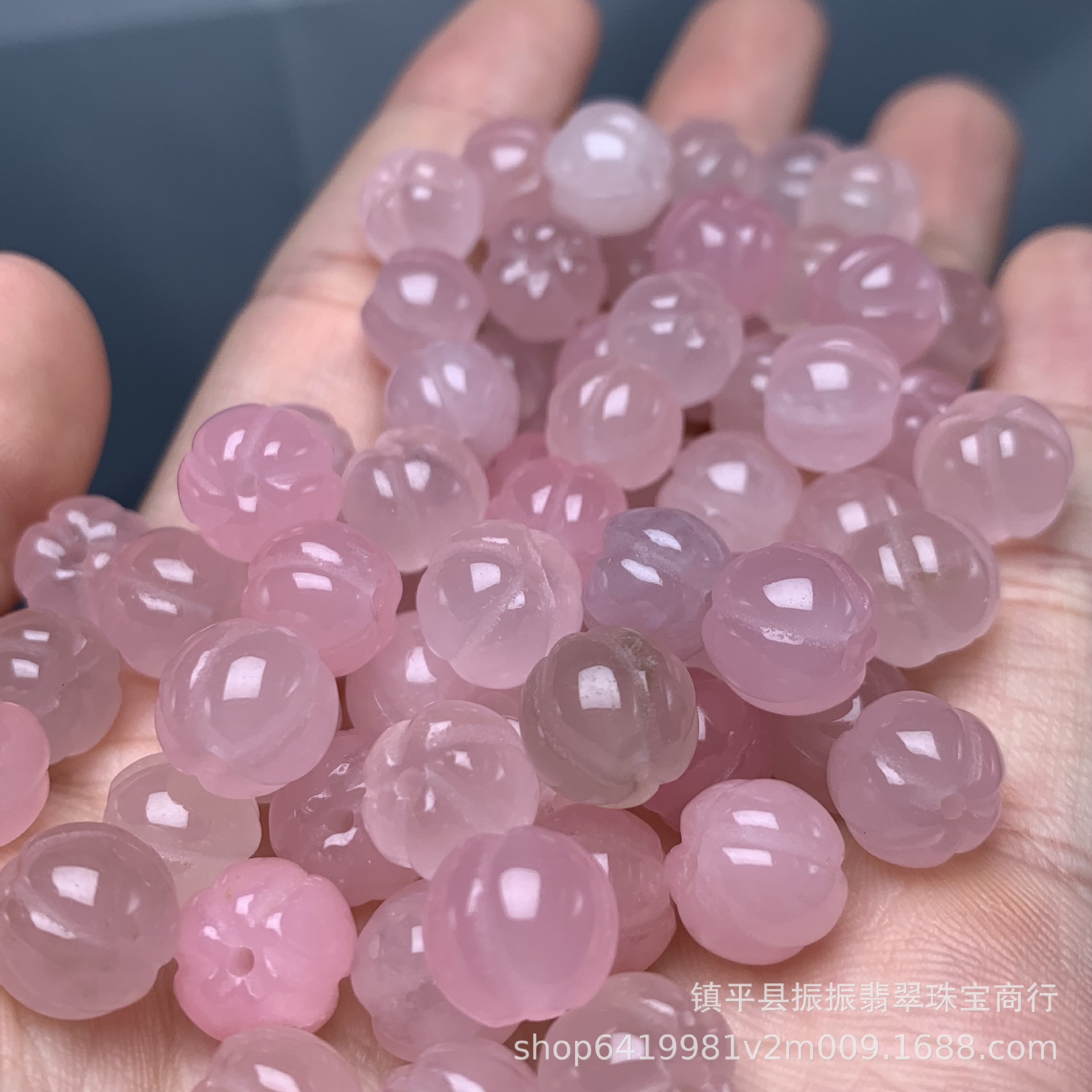 冰种盐源蜜桃粉10mm南瓜珠散珠批发 diy玉石饰品配饰项链手链配珠详情2